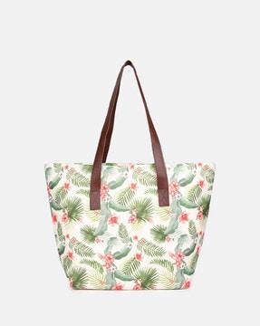 tropical print tote bag with zip closure