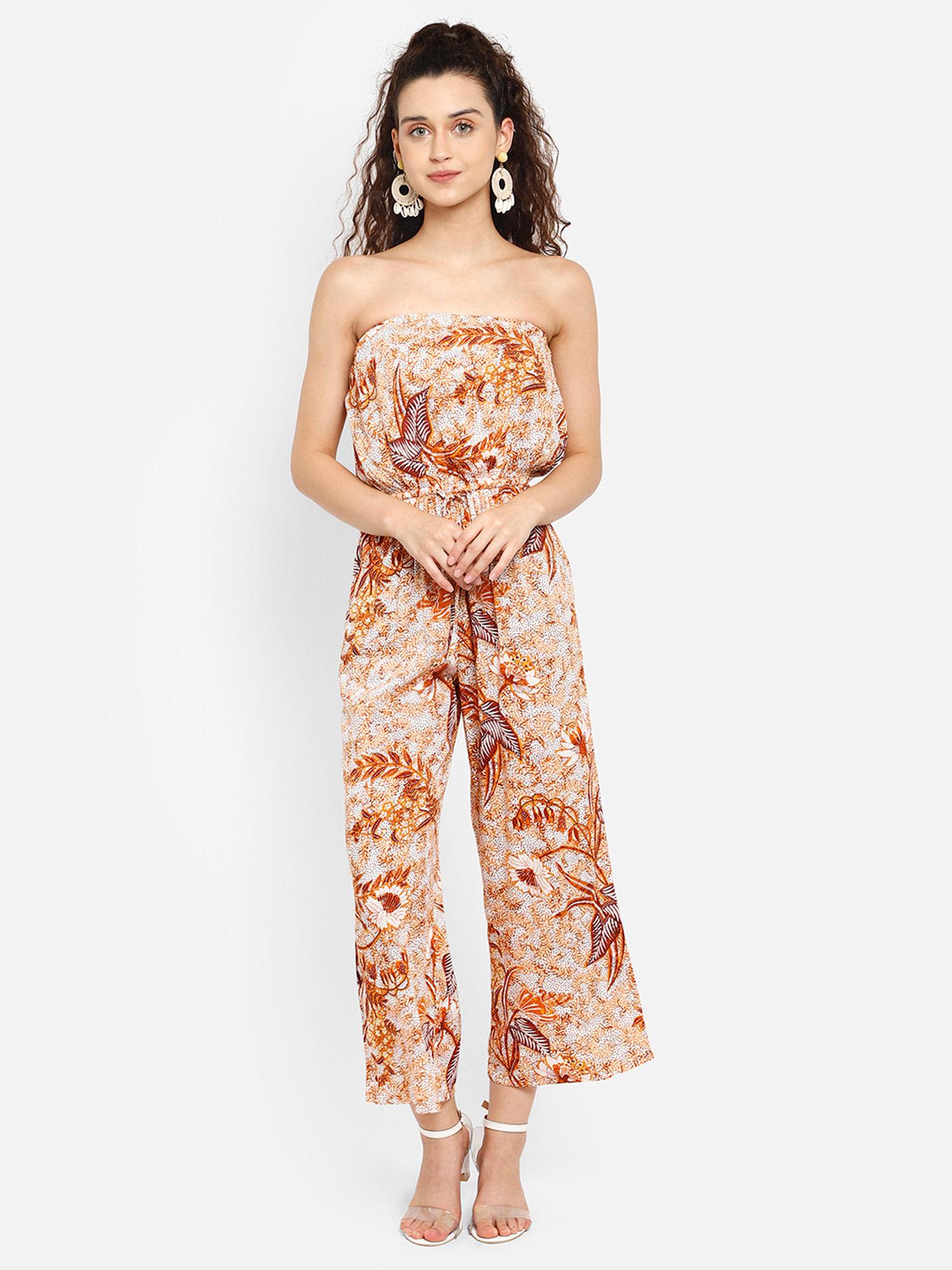 tropical print white and brown wide legged jumpsuit