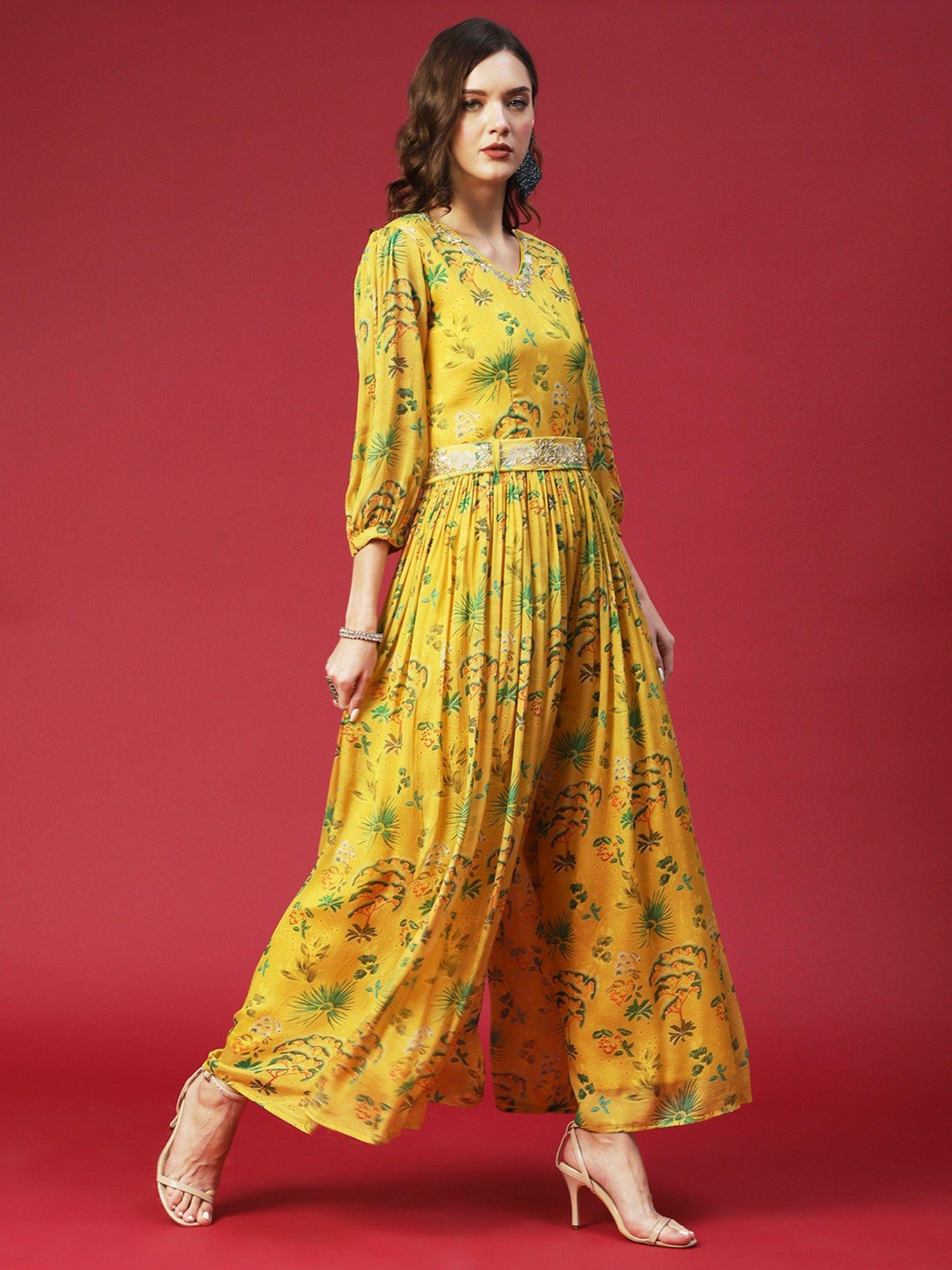 tropical printed, embroidered jumpsuit - yellow (set of 2)