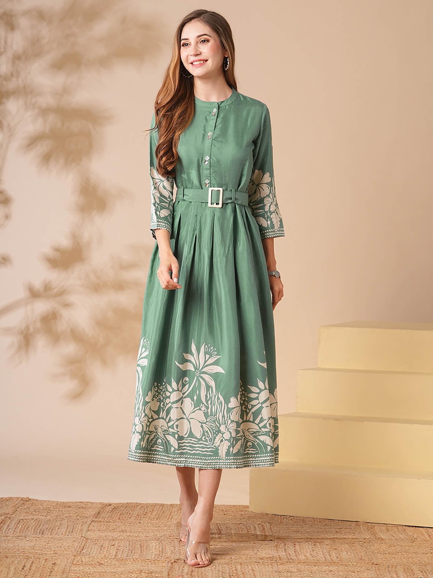 tropical printed midi dress with belt - green