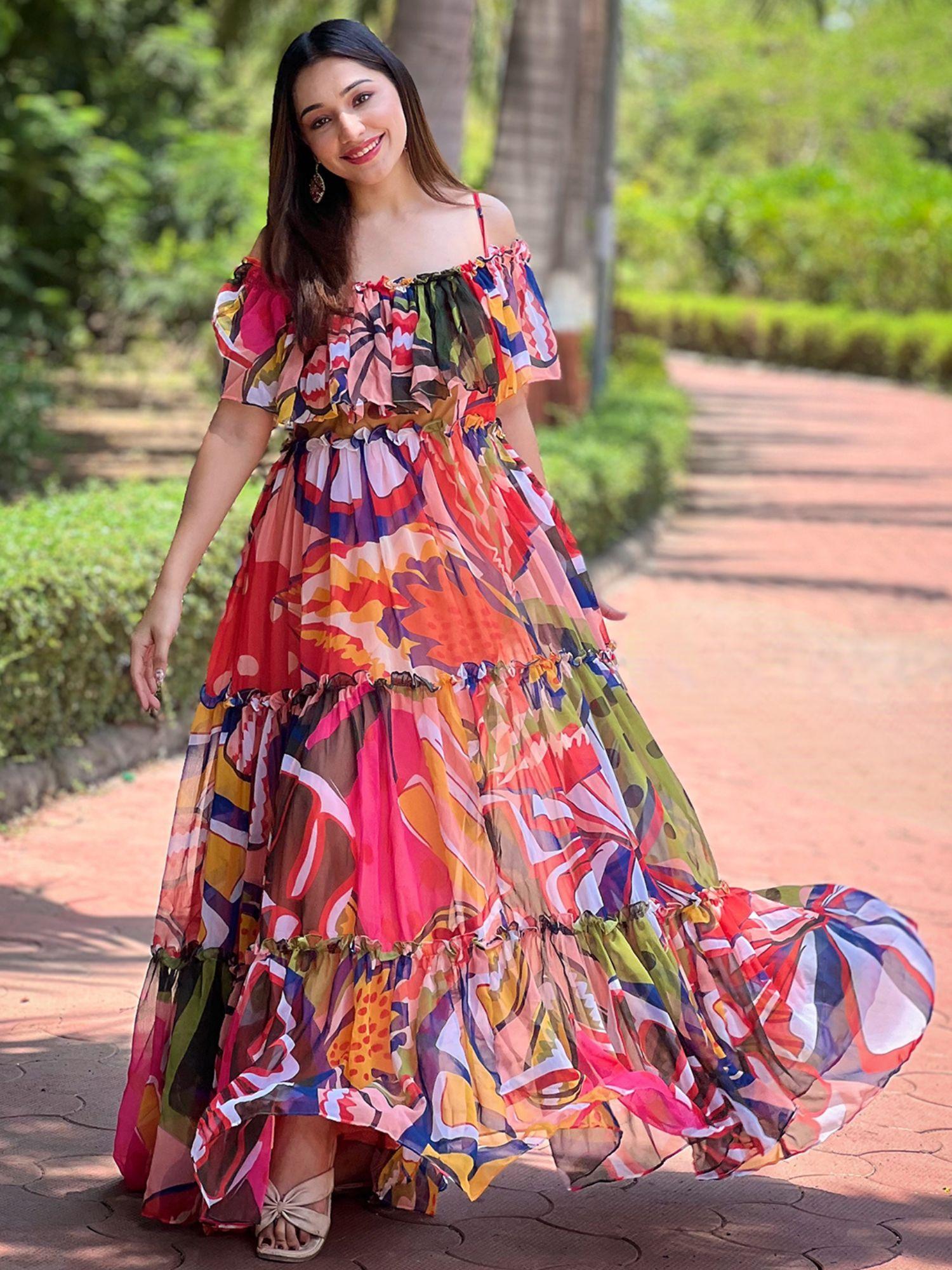 tropical printed off-shoulder maxi dress