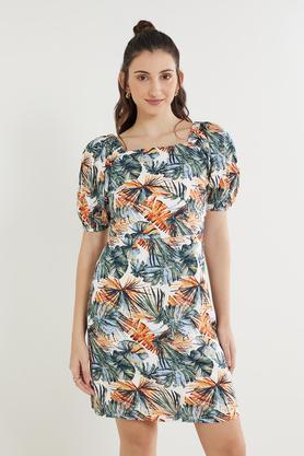 tropical round neck viscose blend women's dress - multi