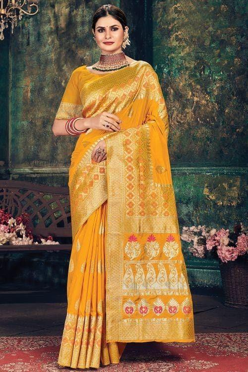 tropical sun yellow banarasi saree