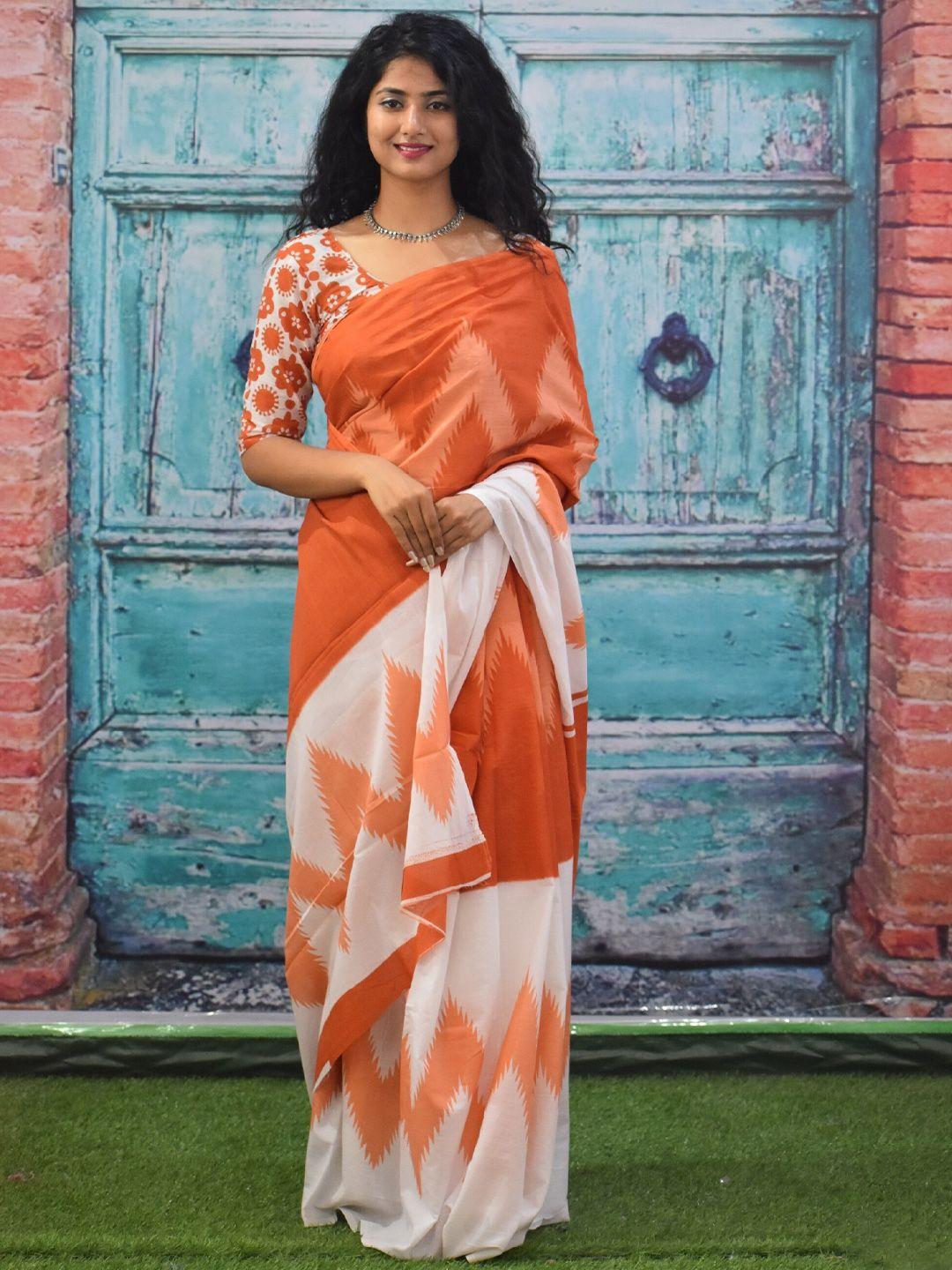 tropwear colourblocked pure cotton block print saree