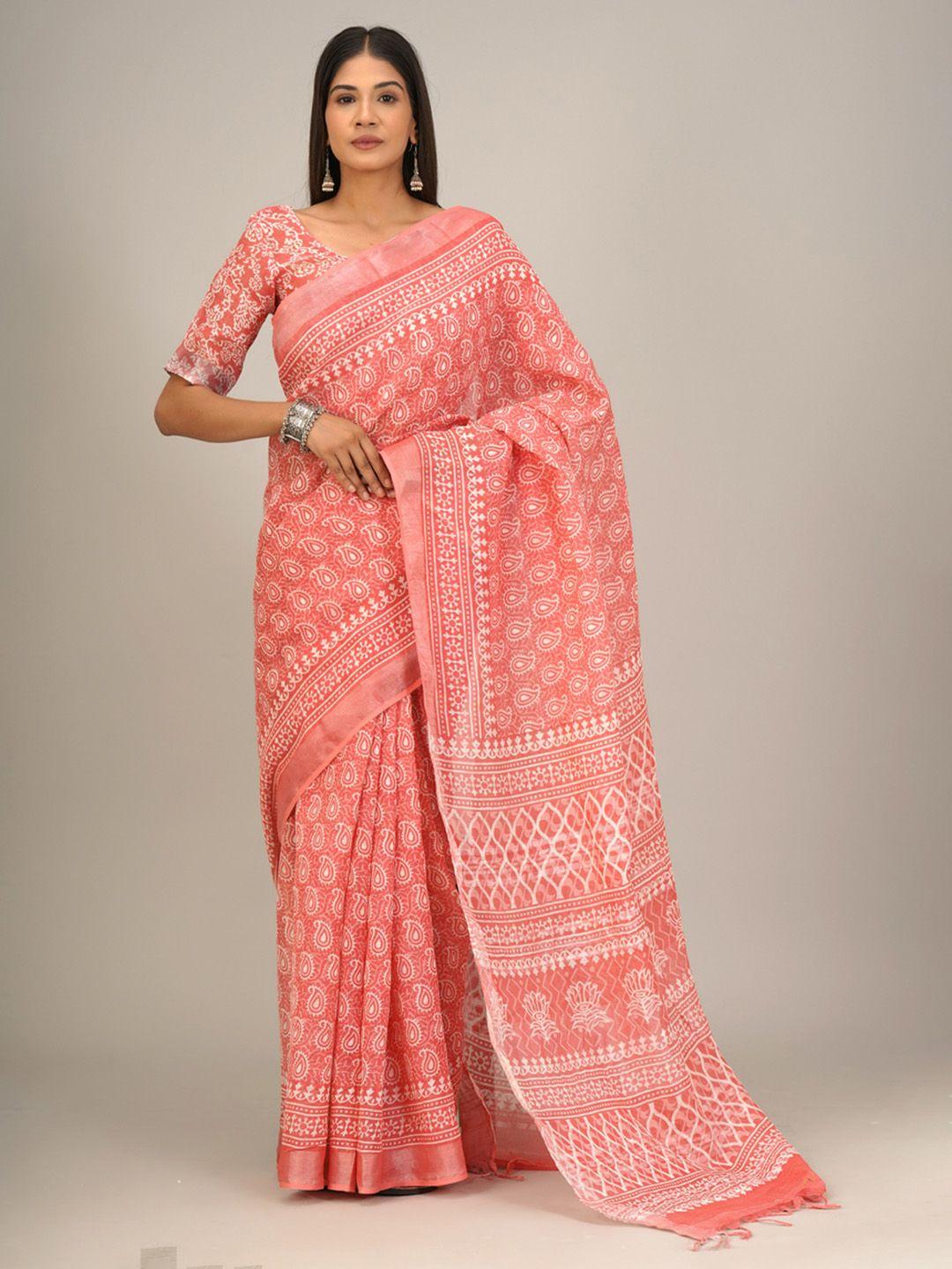 tropwear ethnic motifs linen blend block print saree