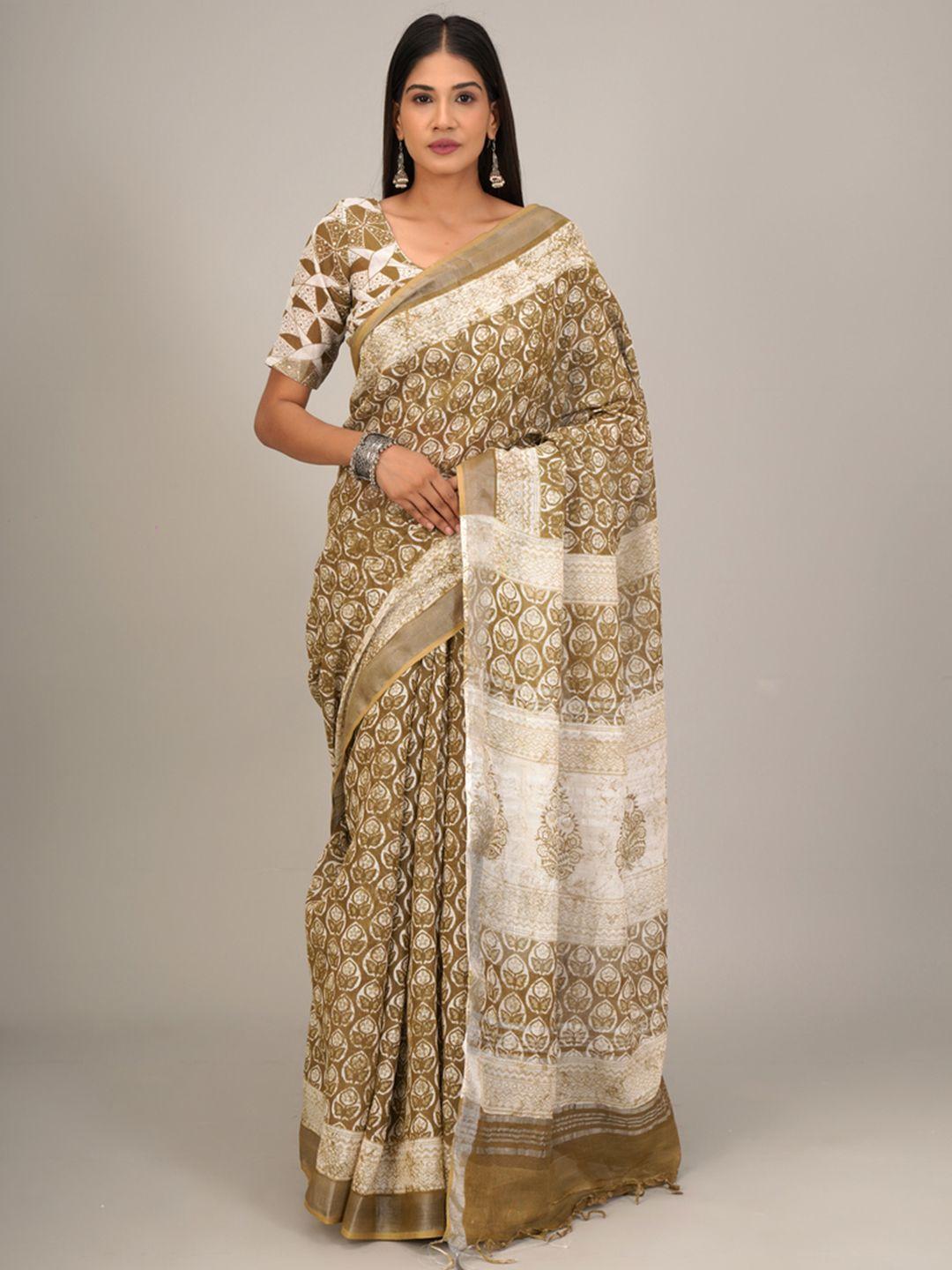tropwear ethnic motifs zari linen blend block print saree