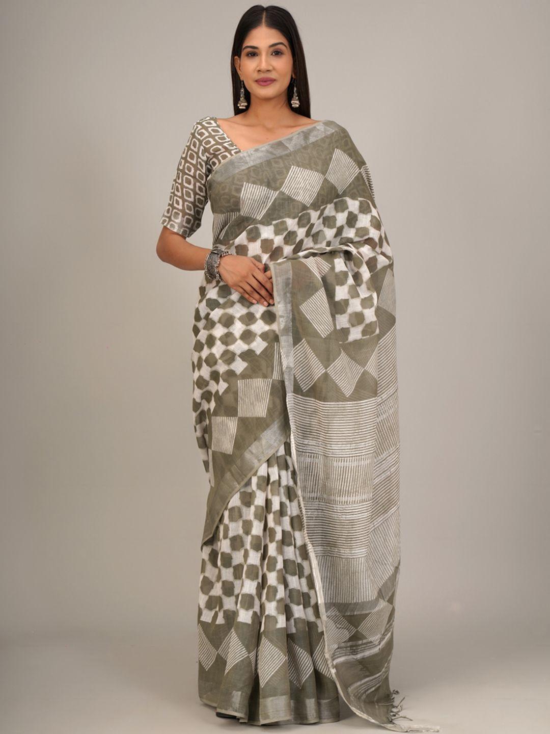 tropwear zari linen blend block print saree