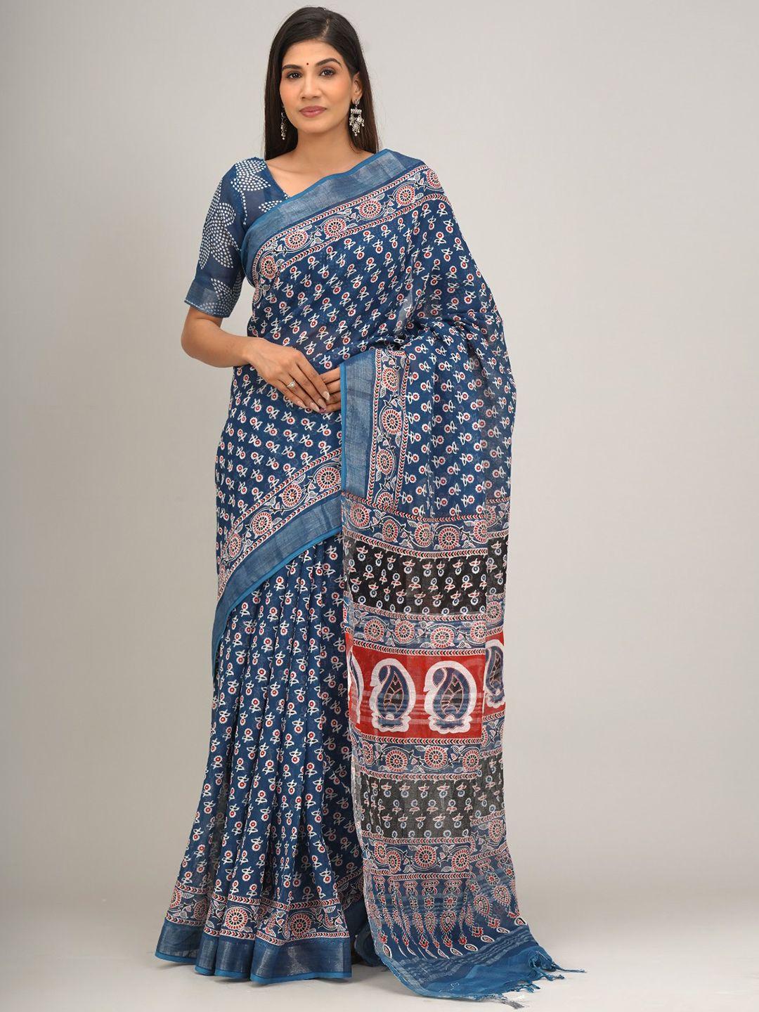 tropwear ethnic motifs zari linen blend block print saree