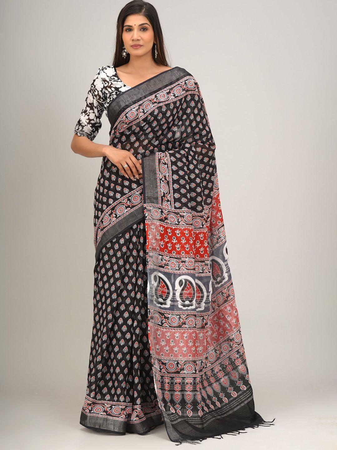 tropwear ethnic motifs zari linen blend block print saree
