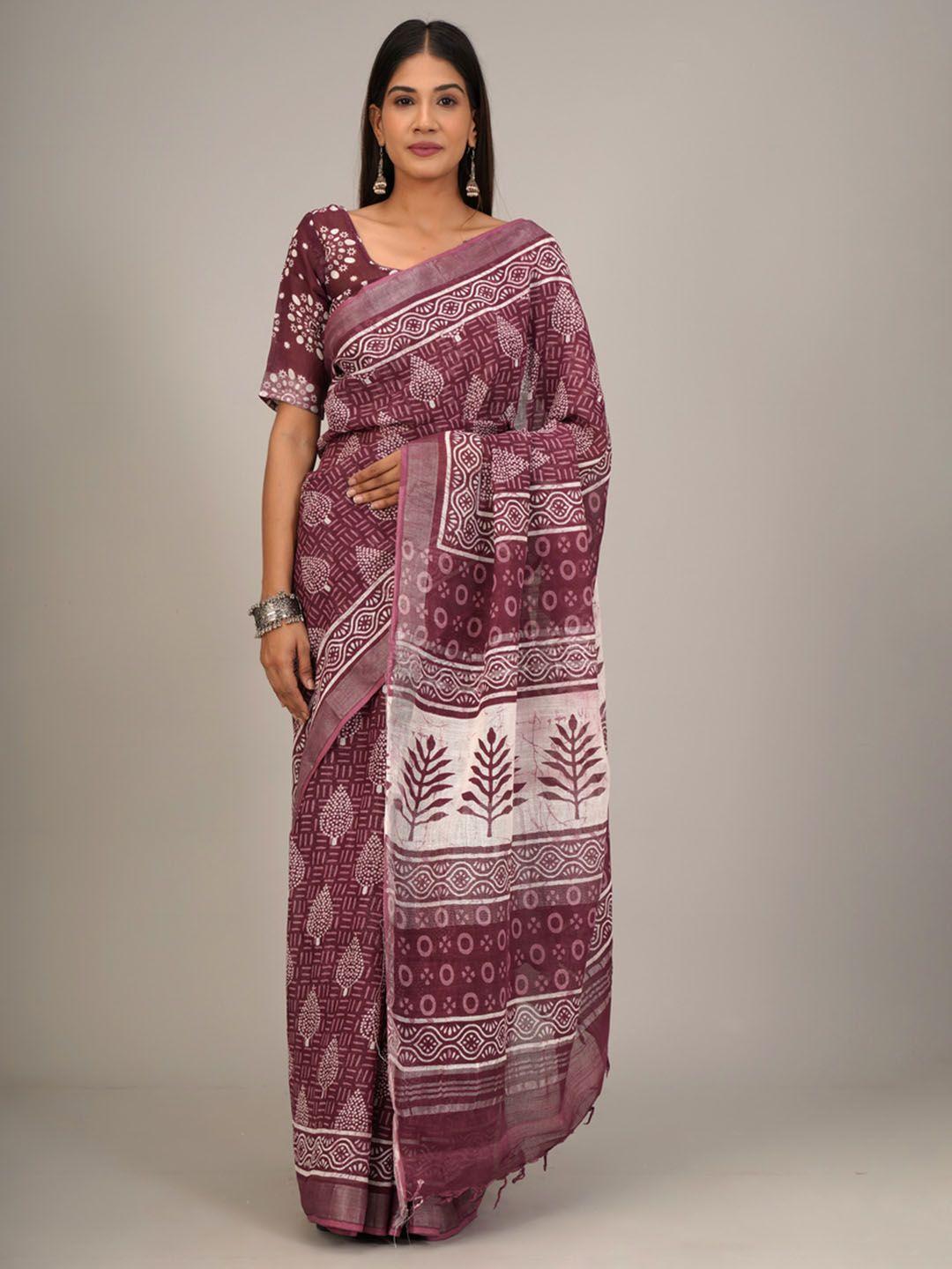 tropwear ethnic motifs zari linen blend block print saree