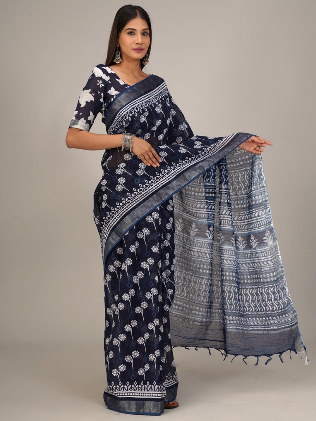 tropwear ethnic motifs zari linen blend block print saree