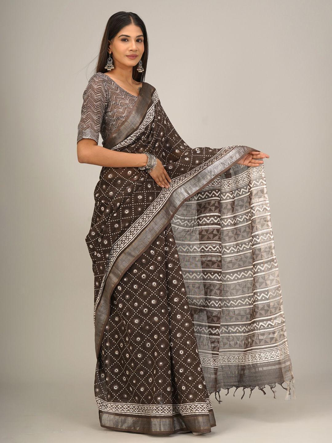 tropwear ethnic motifs zari linen blend block print saree