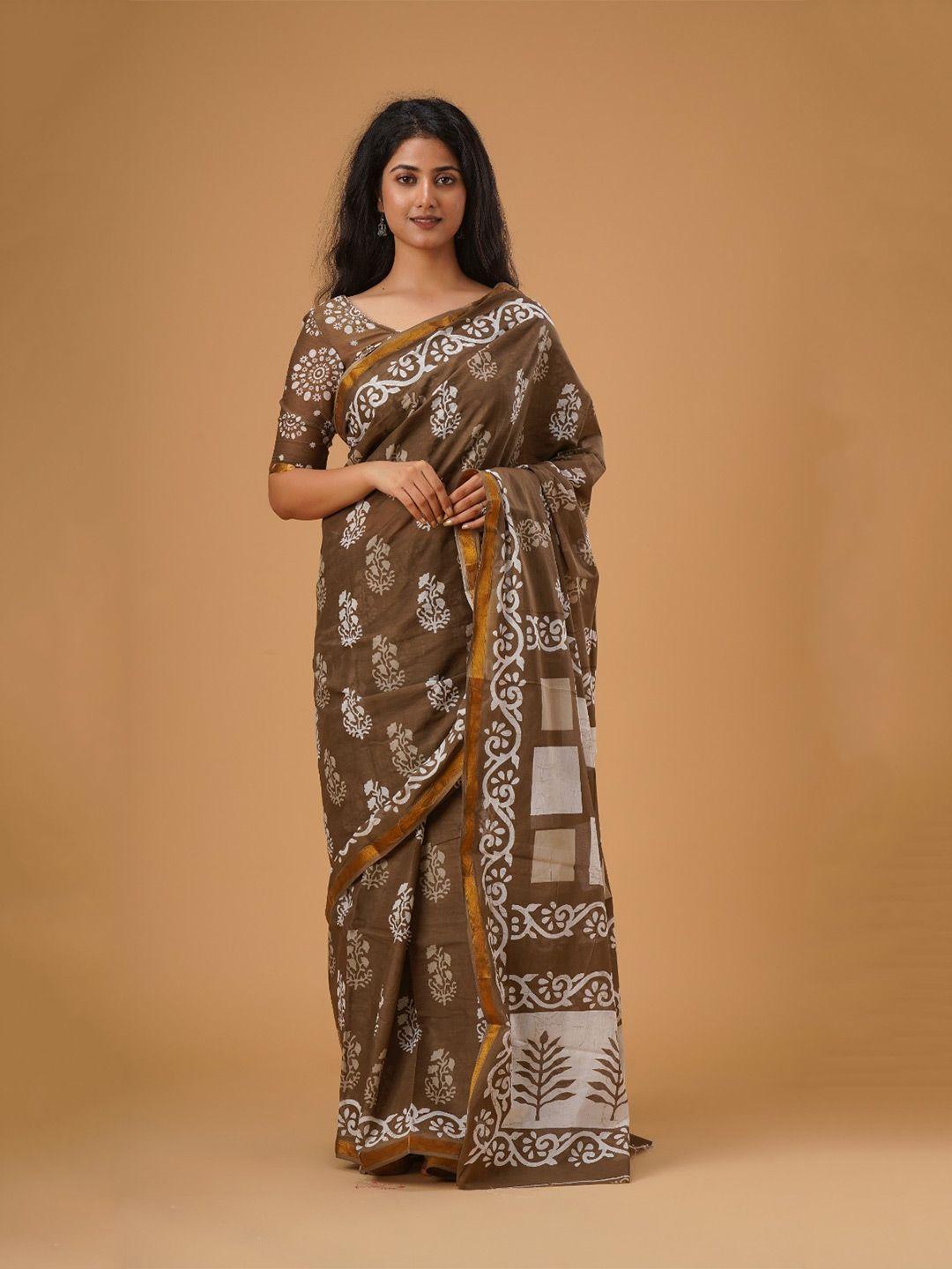 tropwear ethnic motifs zari pure cotton block print saree