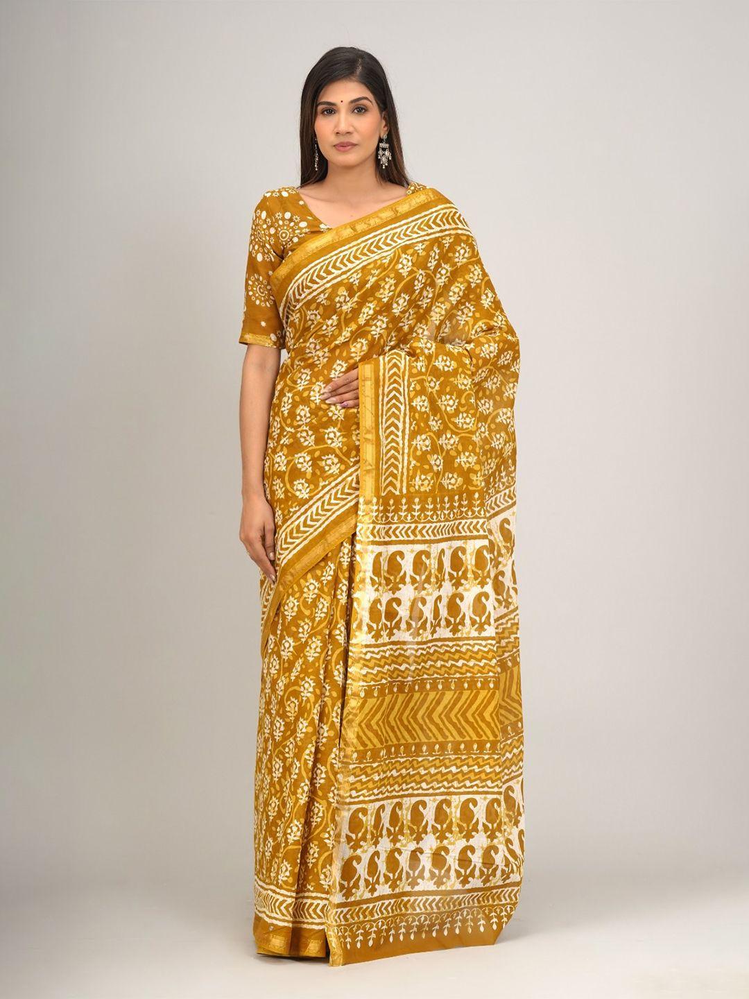 tropwear ethnic motifs zari pure cotton block print saree