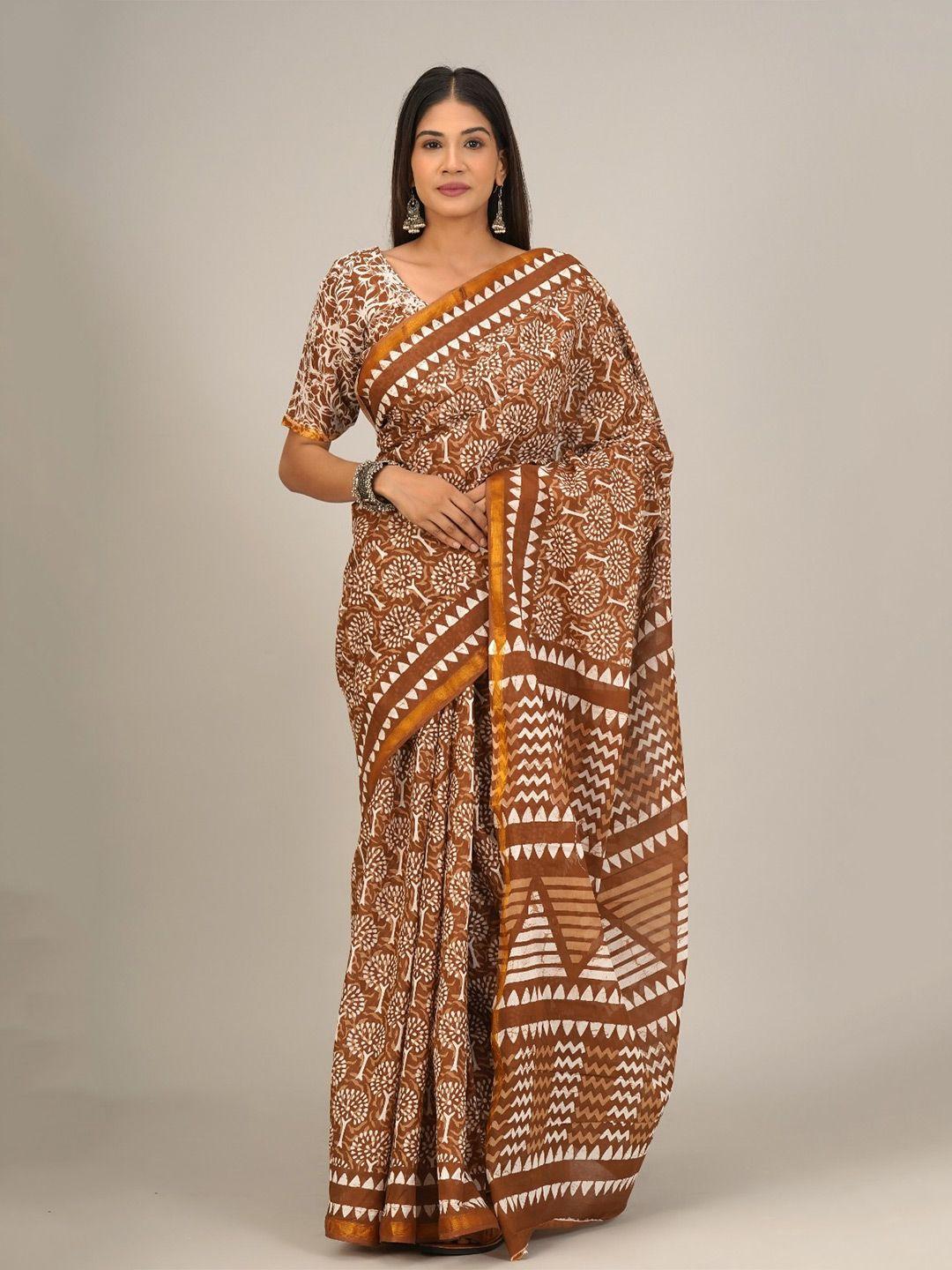 tropwear ethnic motifs zari pure cotton handloom block print saree