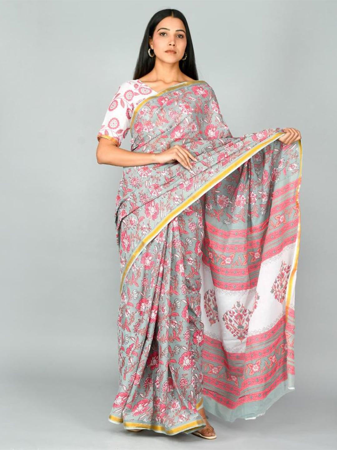 tropwear floral linen blend block print saree