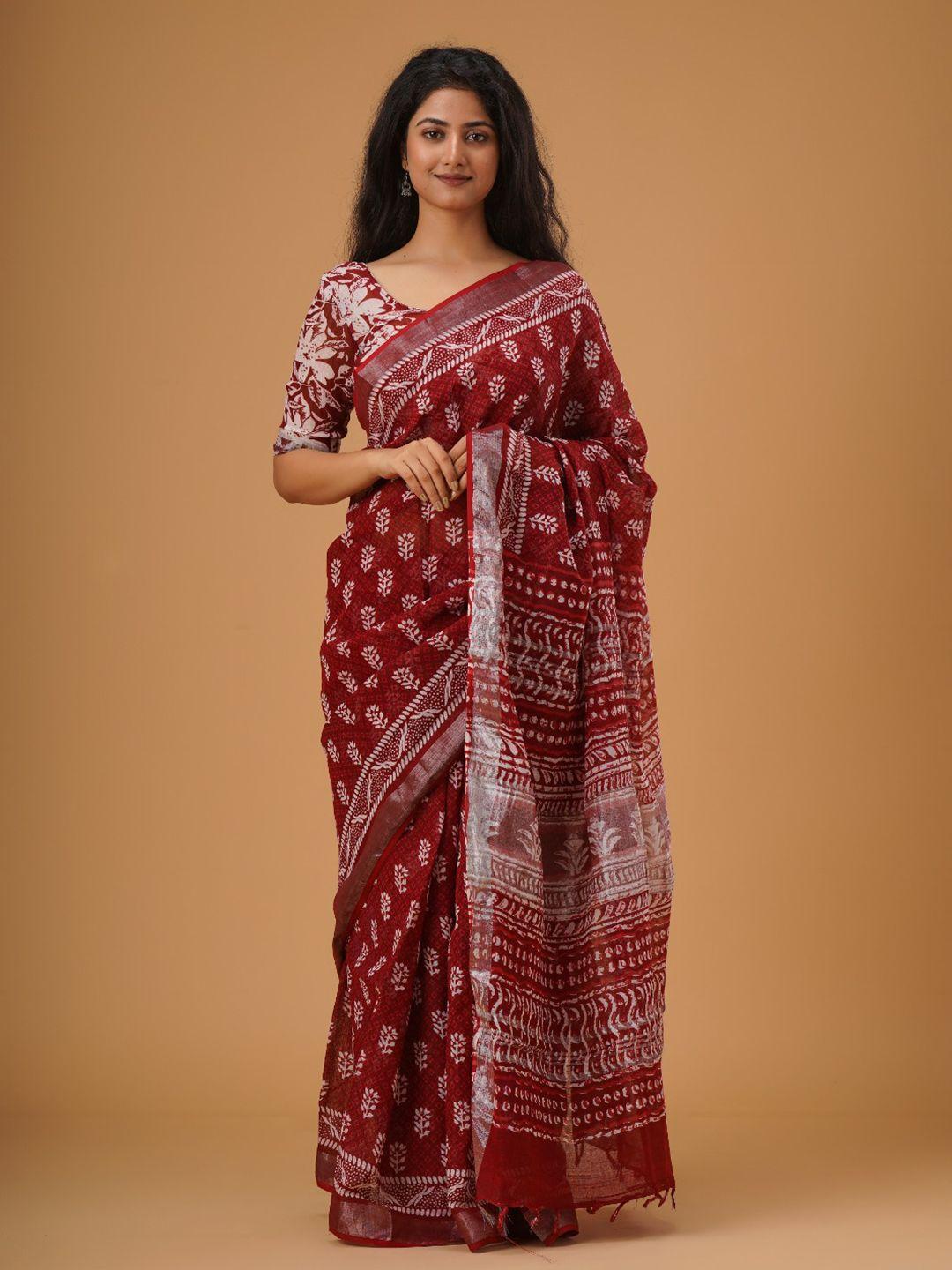 tropwear floral zari linen blend block print saree