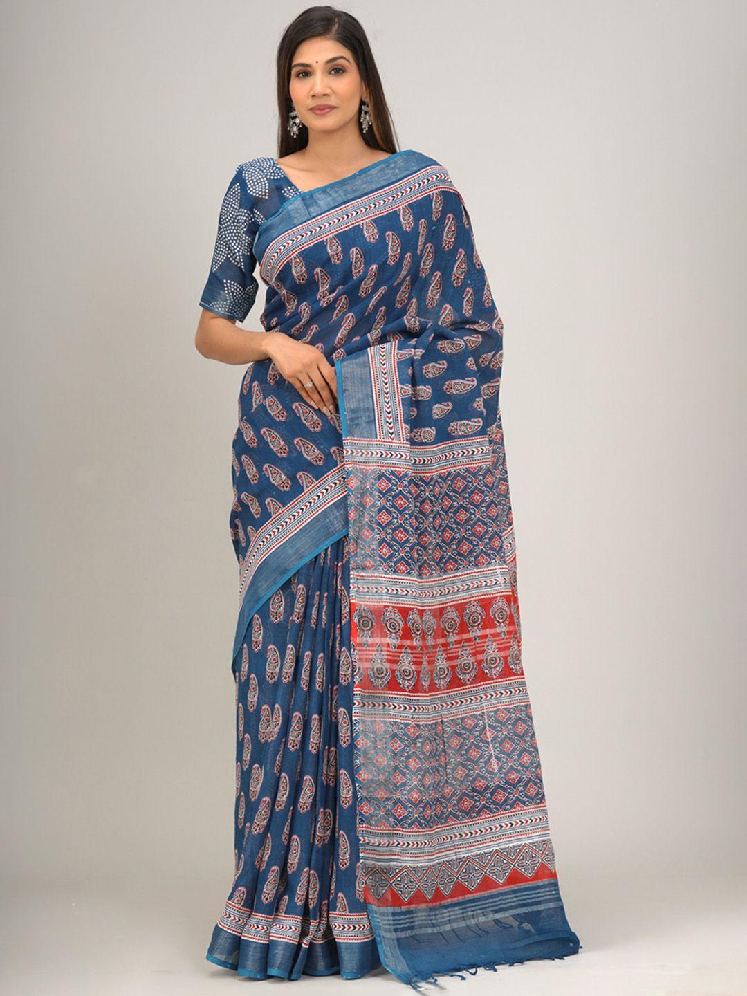 tropwear paisley zari linen blend block print saree