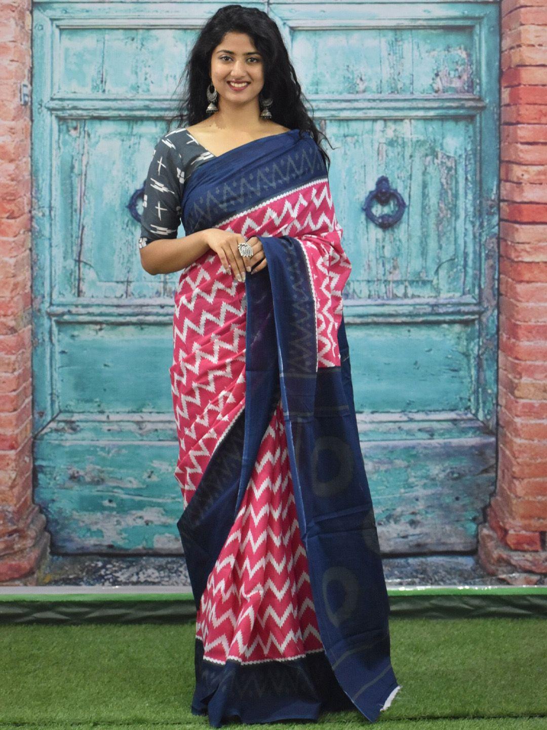 tropwear women's ikat hand block print jaipuri cotton mulmul saree  with blouse piece