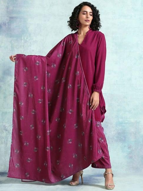 true browns magenta printed velvet shawl