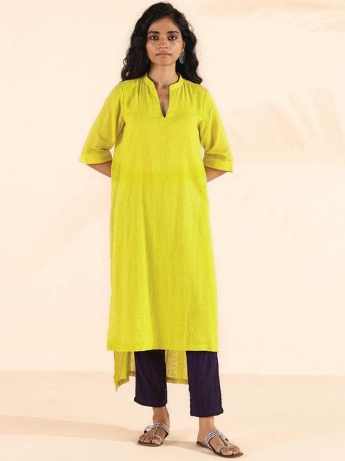 true browns yellow & purple cotton woven pattern kurta pant set