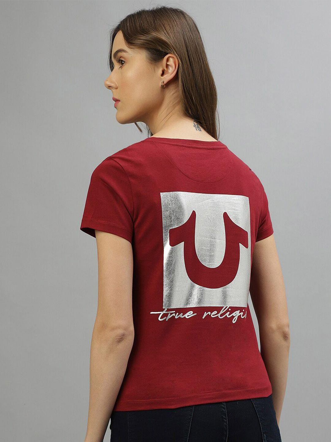 true religion brand logo printed v-neck pure cotton t-shirt
