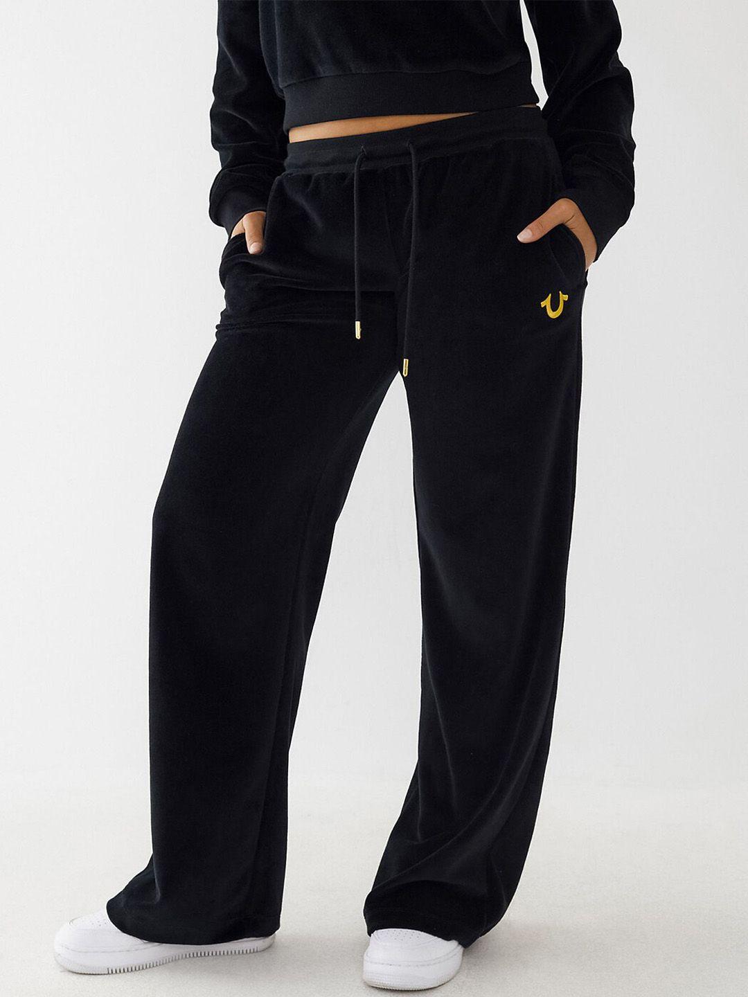 true religion women black solid relaxed-fit track pants