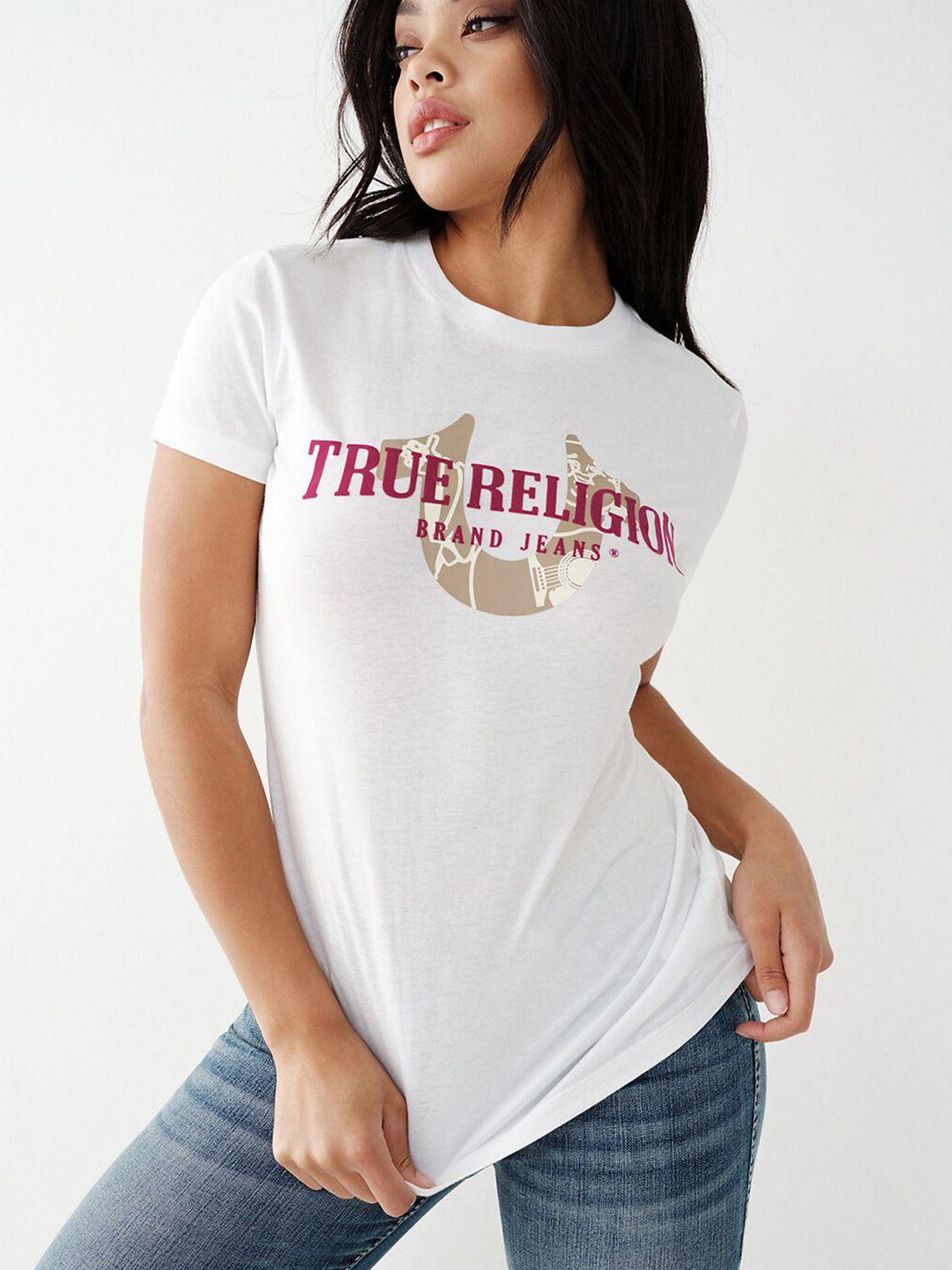 true religion women brand logo printed slim fit pure cotton t-shirt