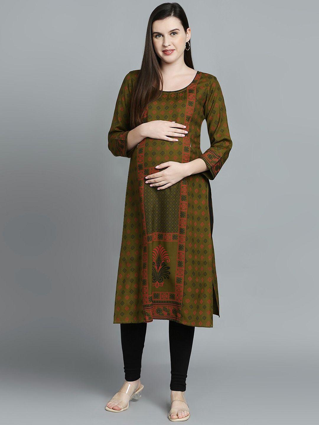 true shape women olive green sequinned indie prints maternity kurta