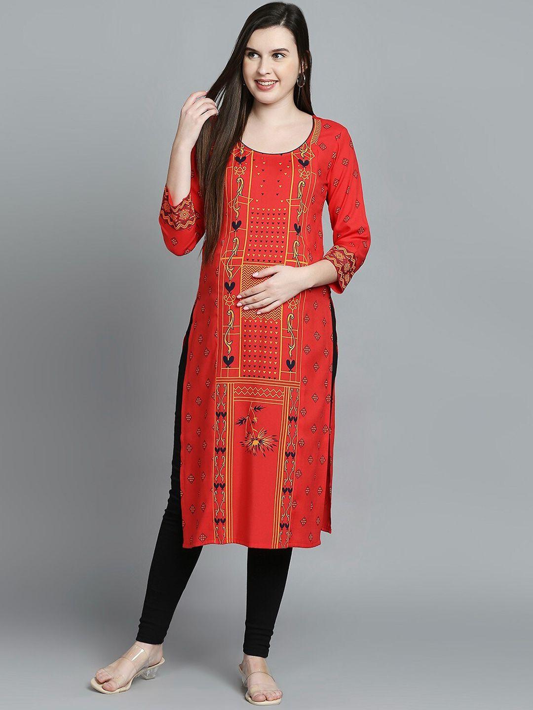 true shape women red printed thread work indie prints maternity kurta