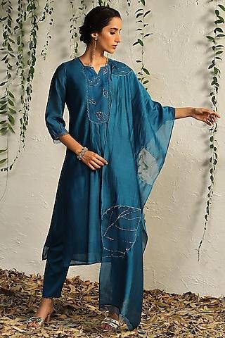 true blue chanderi embroidered kurta set