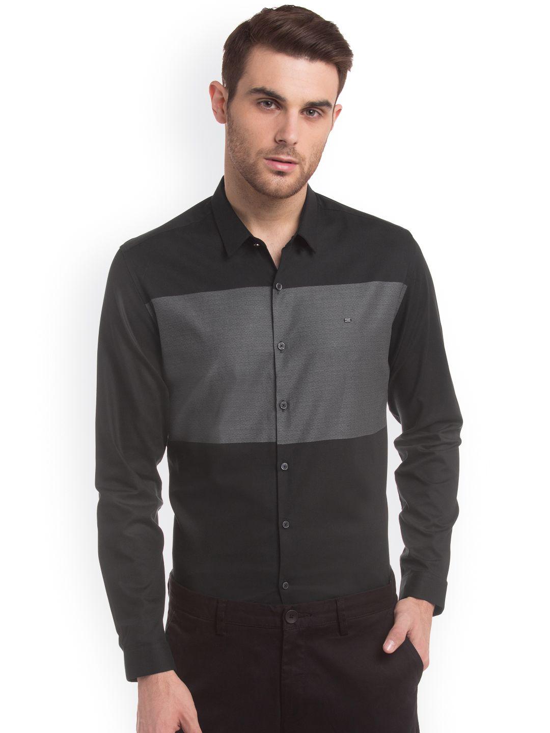 true blue men black & charcoal grey colourblocked slim fit solid casual shirt