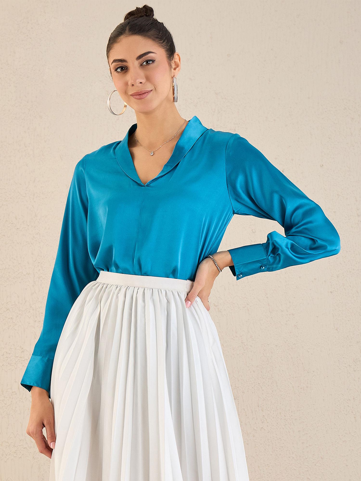 true blue shawl collar satin top