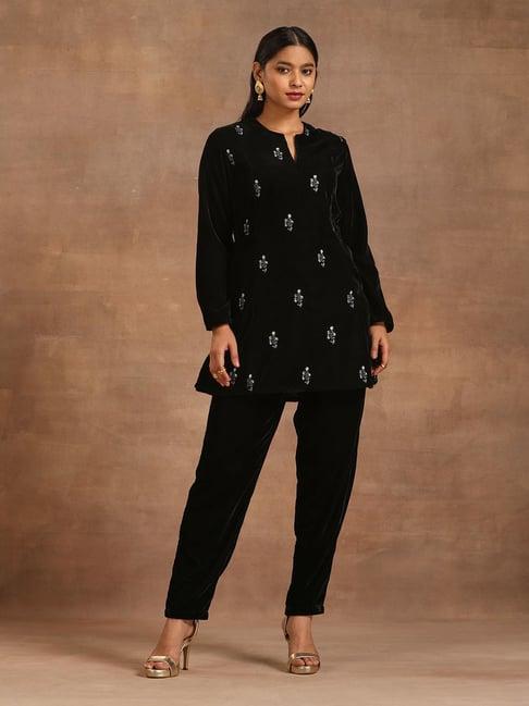 true browns black velvet embroidered kurta pant set