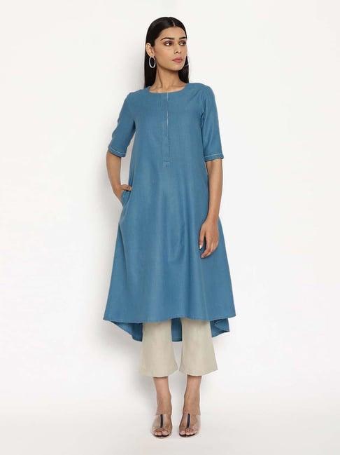 true browns cotton linen steel blue kurta pant set