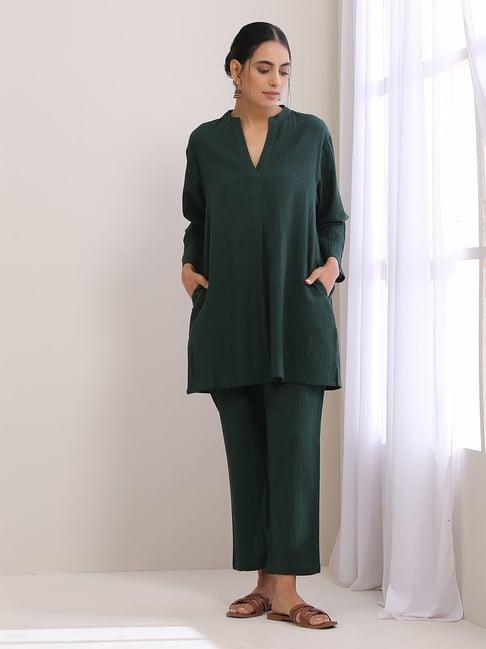 true browns green cotton short kurti palazzo set