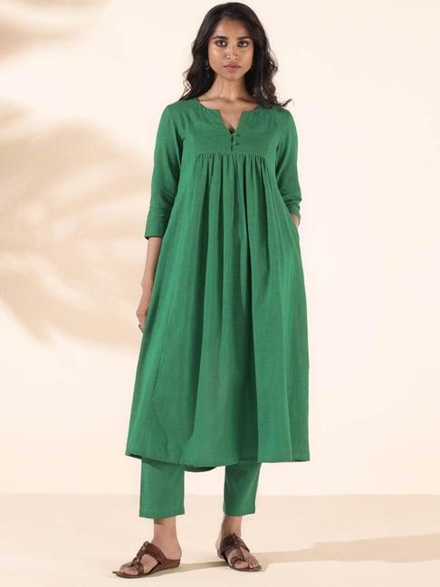 true browns green cotton woven pattern kurta pant set