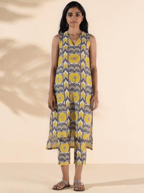 true browns grey & yellow printed kurta pant set