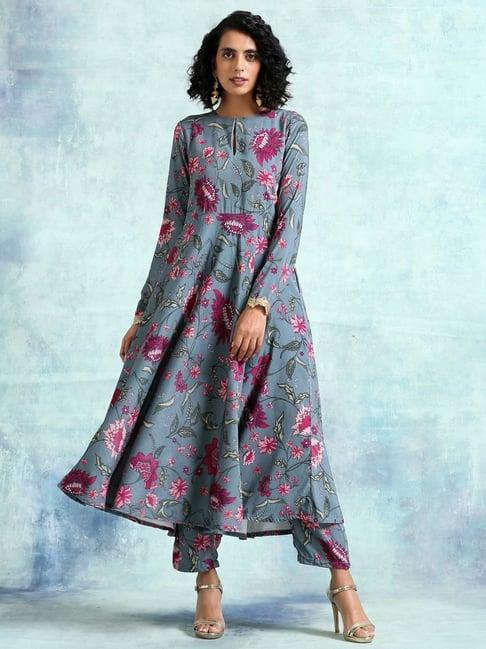 true browns grey printed anarkali velvet kurta