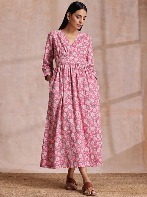 true browns pink cotton printed a-line dress