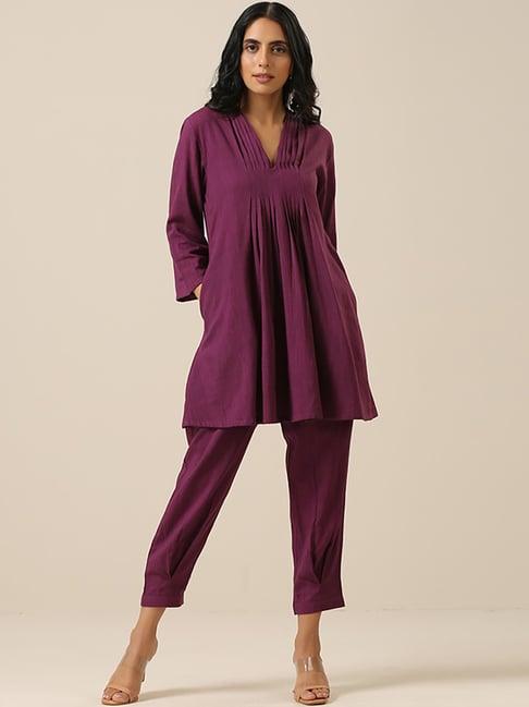 true browns purple cotton short kurti pant set