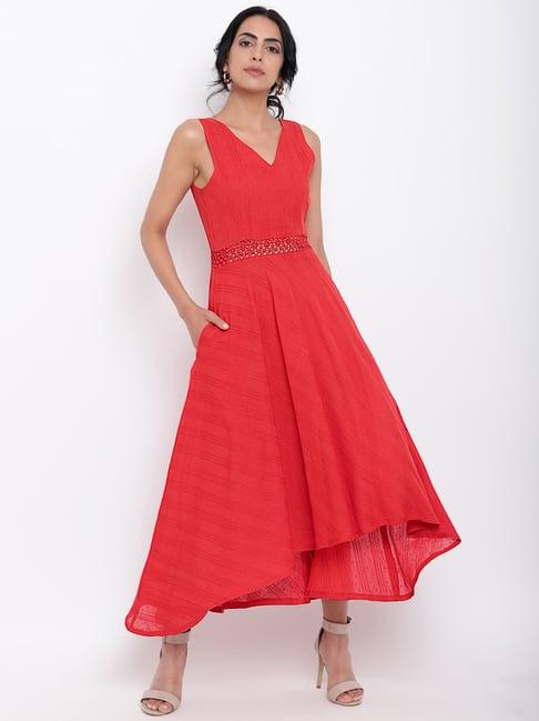 true browns red v neck lace flare dress