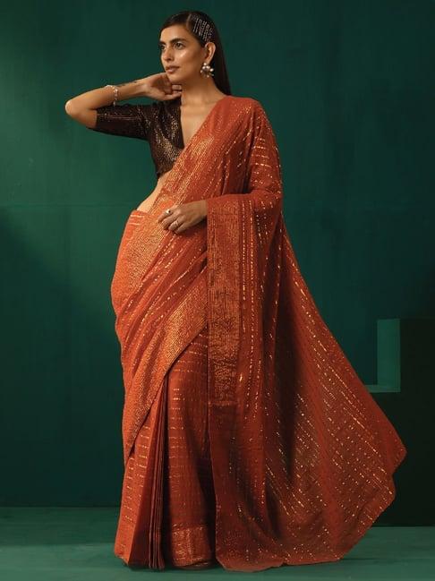 true browns rust cotton striped pre-stitched saree without blouse