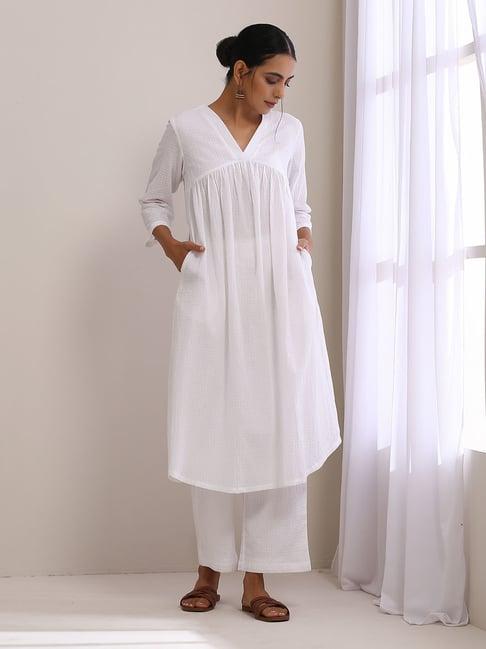 true browns white cotton embroidered kurta pant set