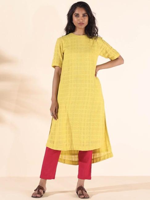 true browns yellow & pink cotton chequered kurta pant set