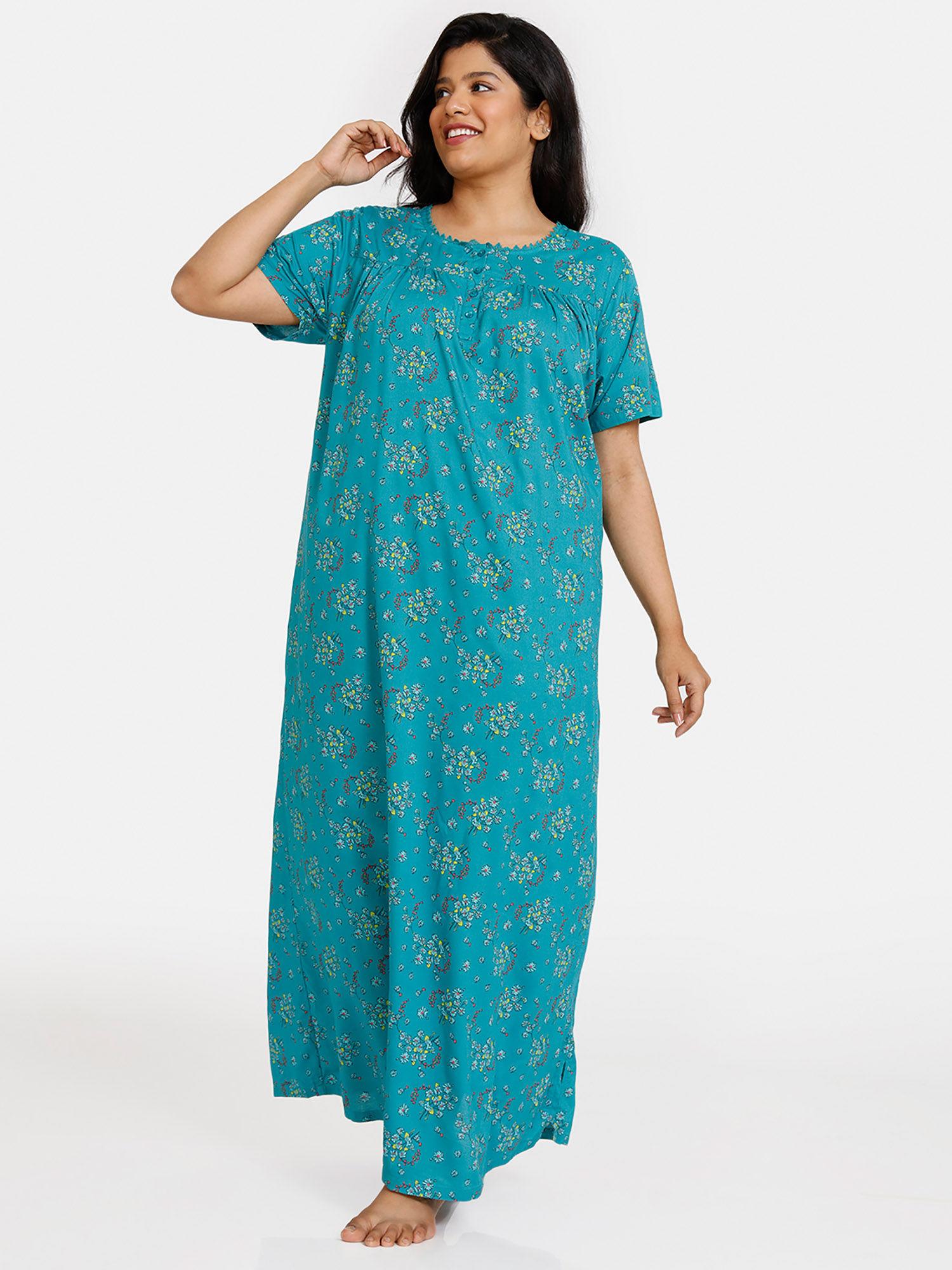 true curve plum romance woven full length nightdress - lapis - blue