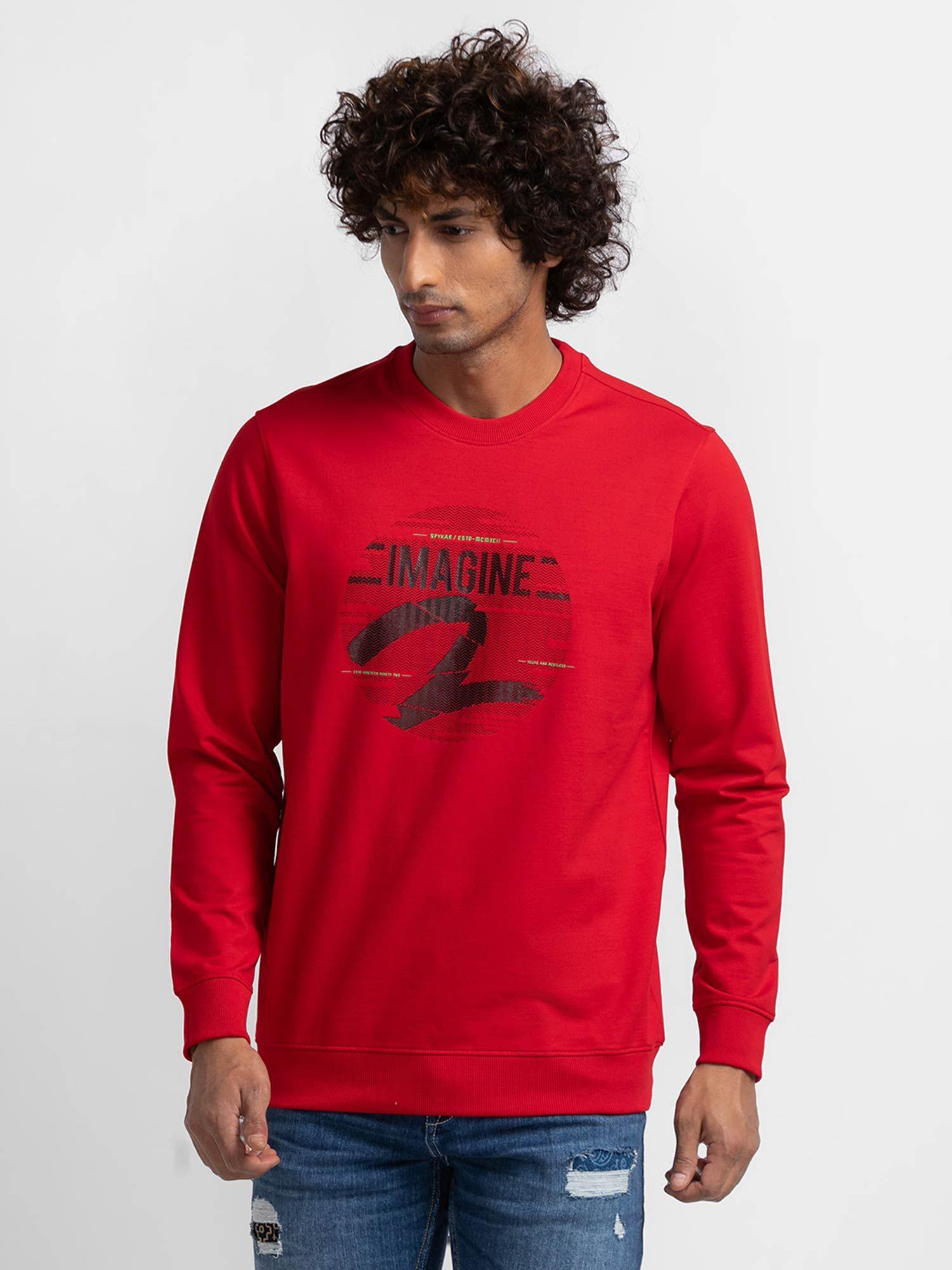 true red cotton full sleeve round neck sweatshirt for men