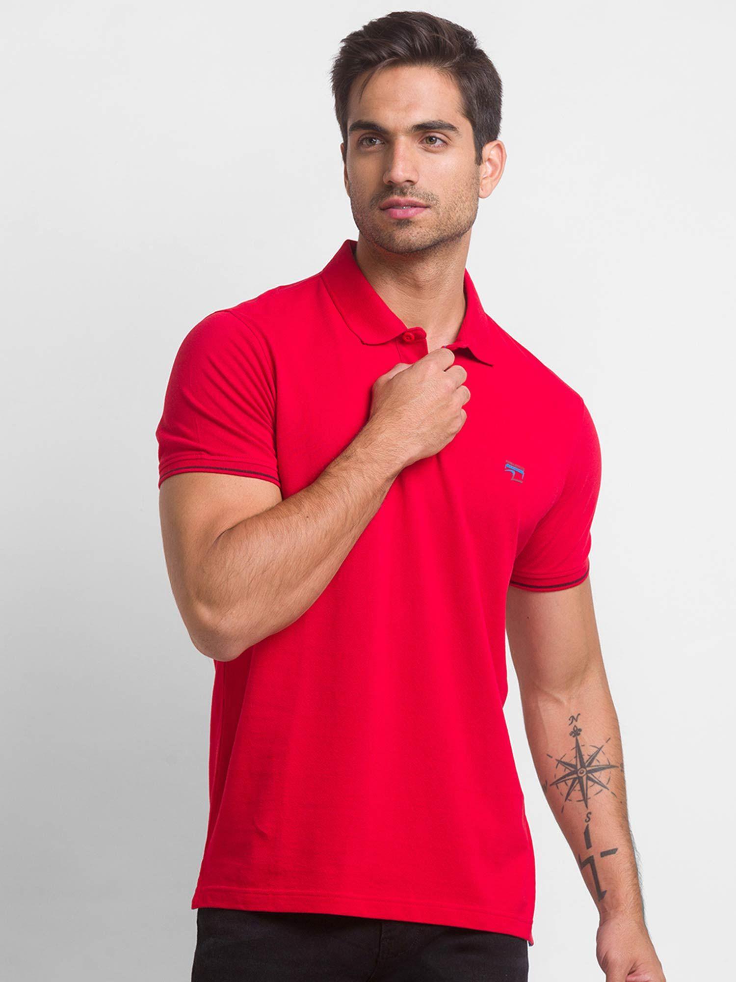 true red cotton half sleeve plain casual polo t-shirt for men