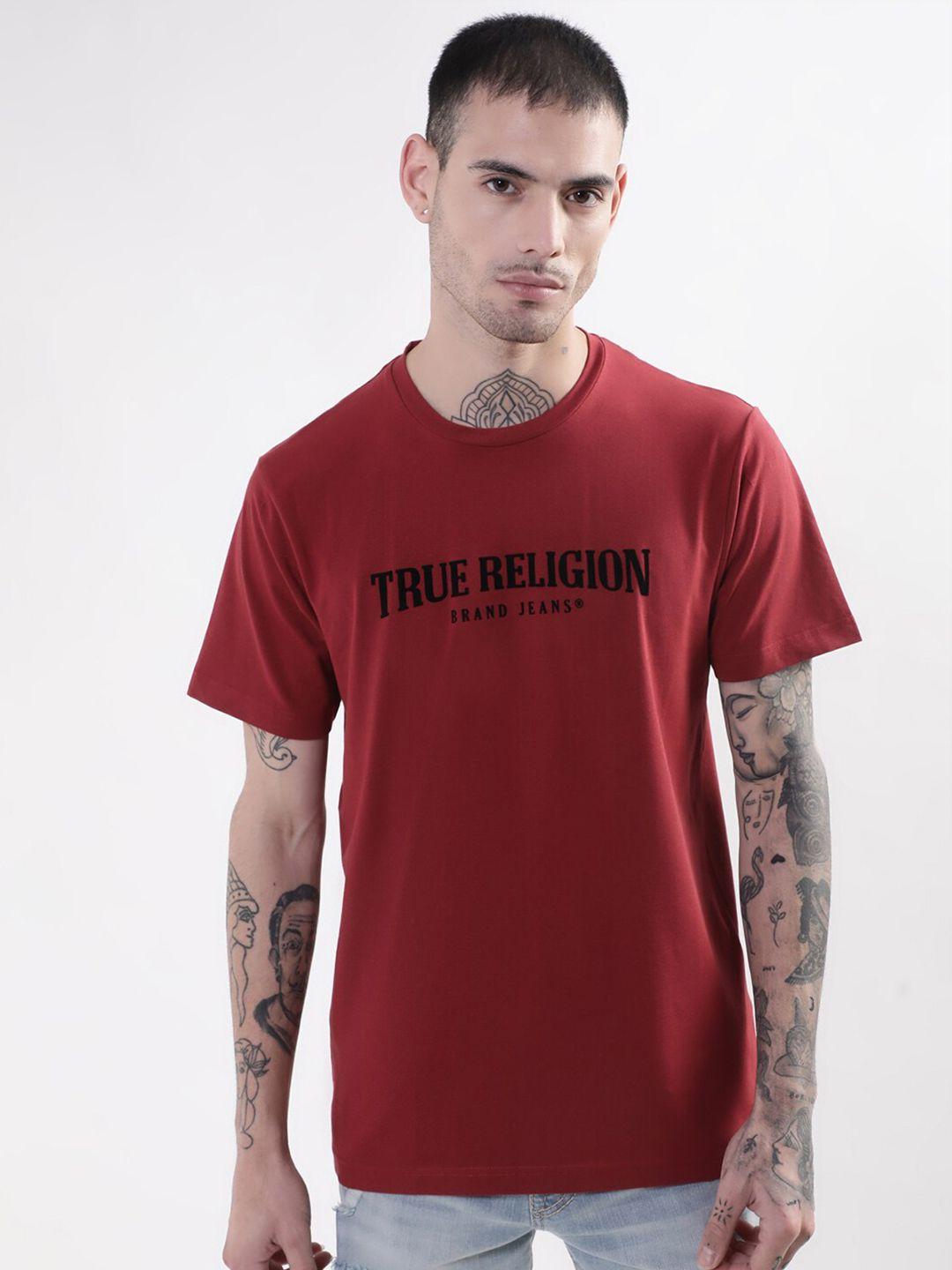 true religion men maroon cotton typography printed t-shirt