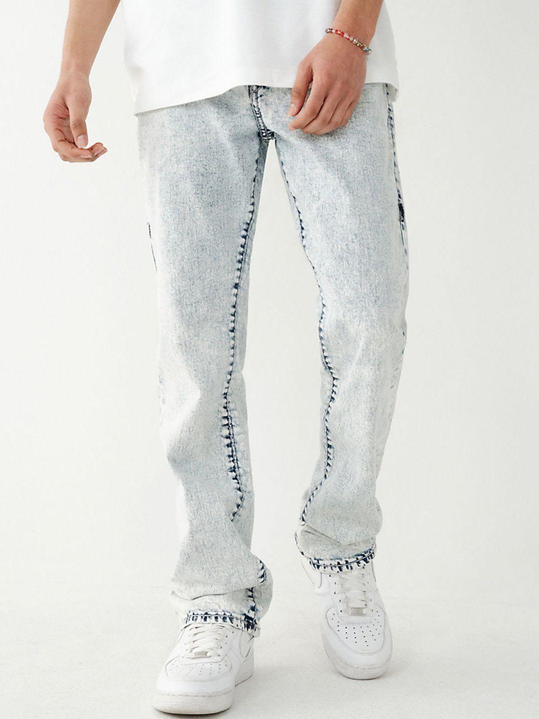 true religion men straight fit mildly distressed heavy fade bleached jeans